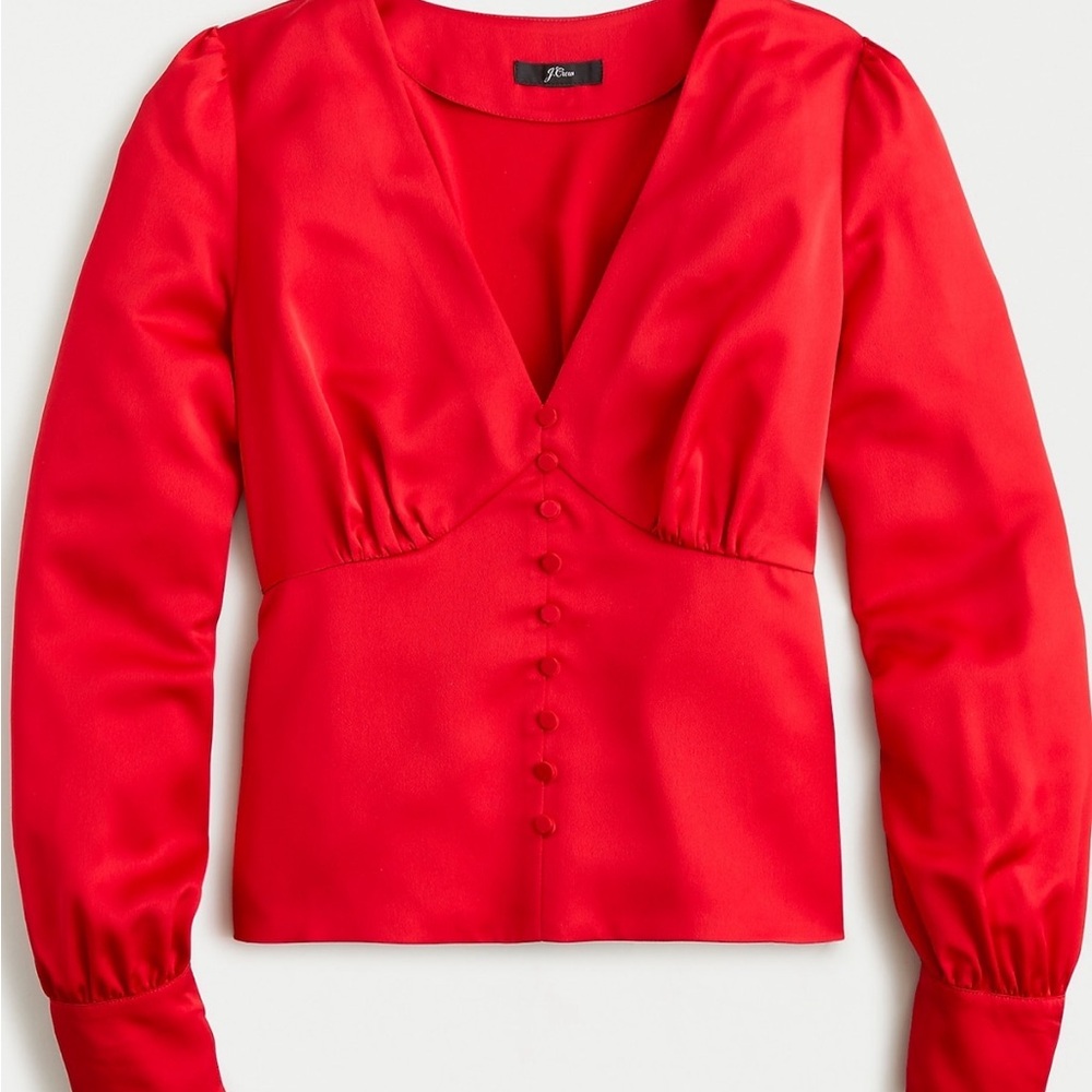NWT J. Crew Red Satin V-Neck Button-Front Long Sleeve Top